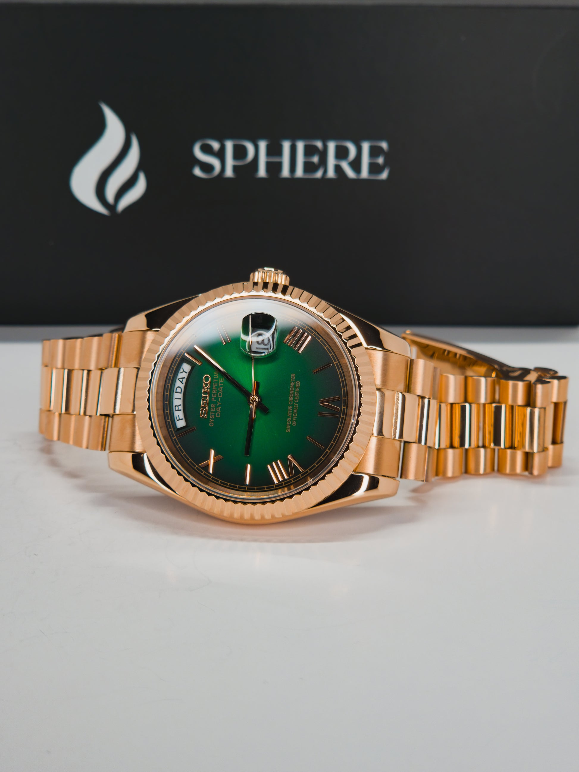 Sphere Custom Watch – Inspired by Day-Date – Powered by Seiko NH36 - Rose Gold Green Gradient Romans