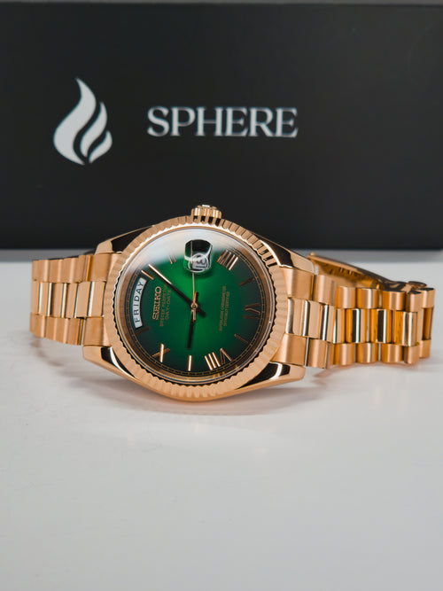 Sphere Custom Watch – Inspired by Day-Date – Powered by Seiko NH36 - Rose Gold Green Gradient Romans